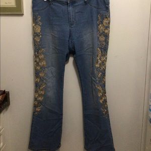 Stunning Golden Embroidered Flower Jeans